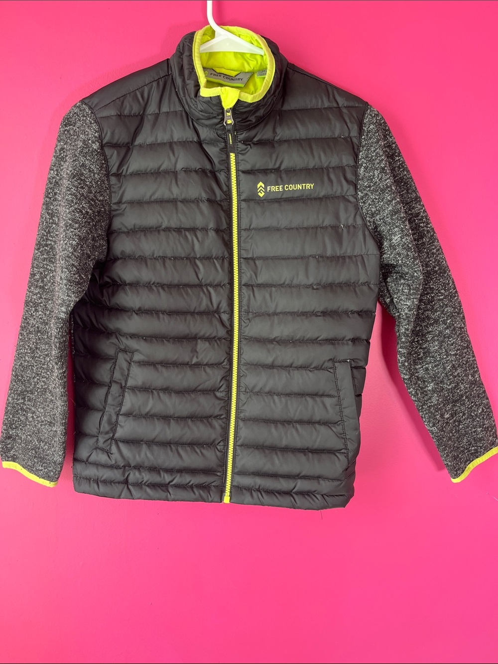 Free Country Kids' Black Puffer Jacket with Gray Sleeves and Neon Trim